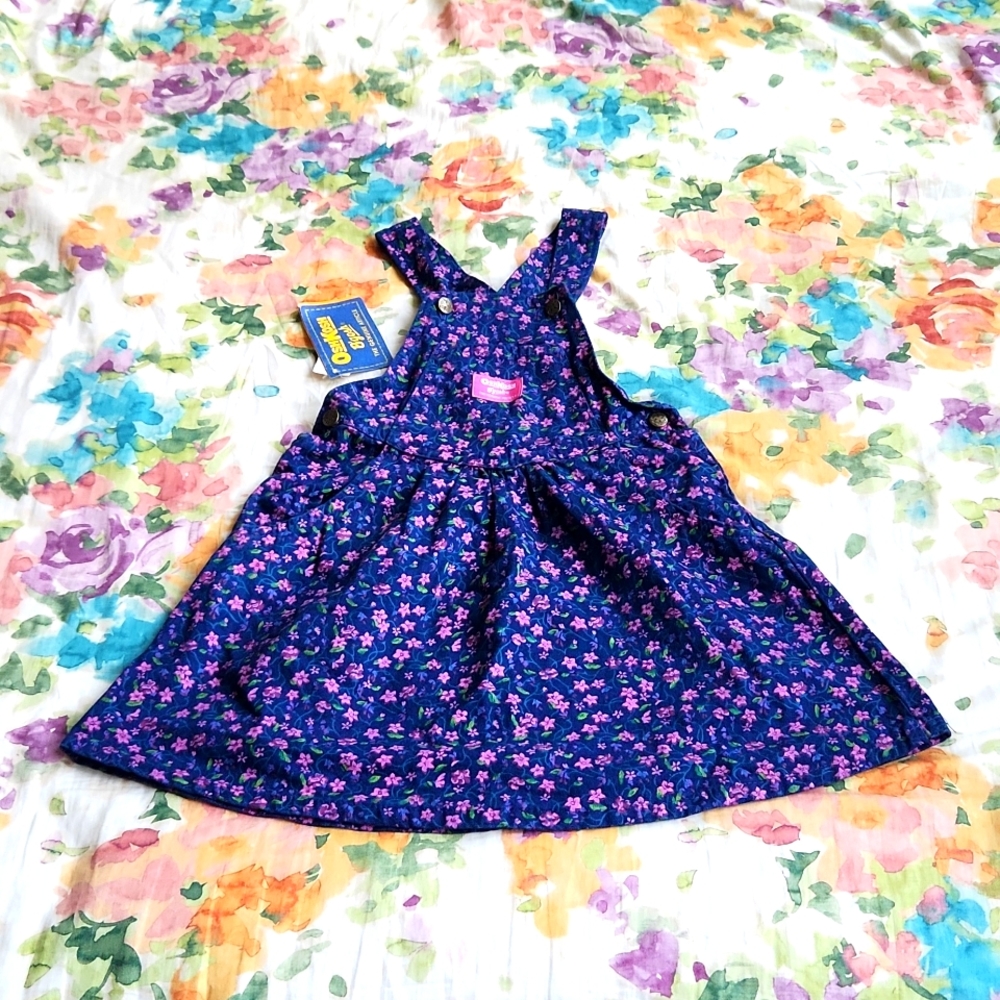 NWT Vintage OshKosh B'Gosh Blue/pink floral overalls dress. Girl's size 5.